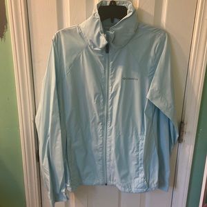 A new un damaged light blue Columbia rain coat